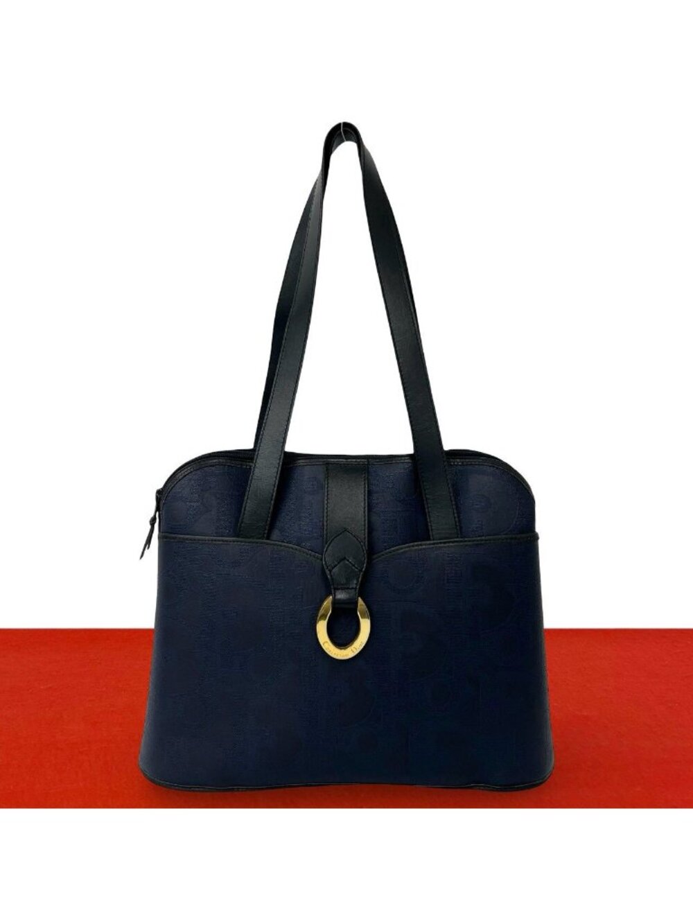 Dior Trotter Pattern Logo Leather Tote Shoulder Bag Navy